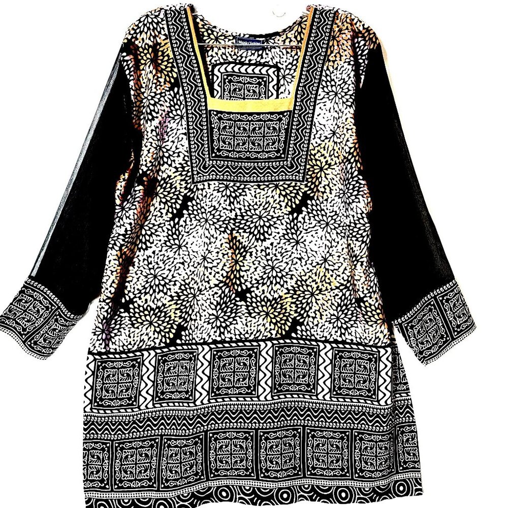 Maple Clothing Womens Tunic Top Sz 42 Long Sheer Sleeves Black Gold Pink